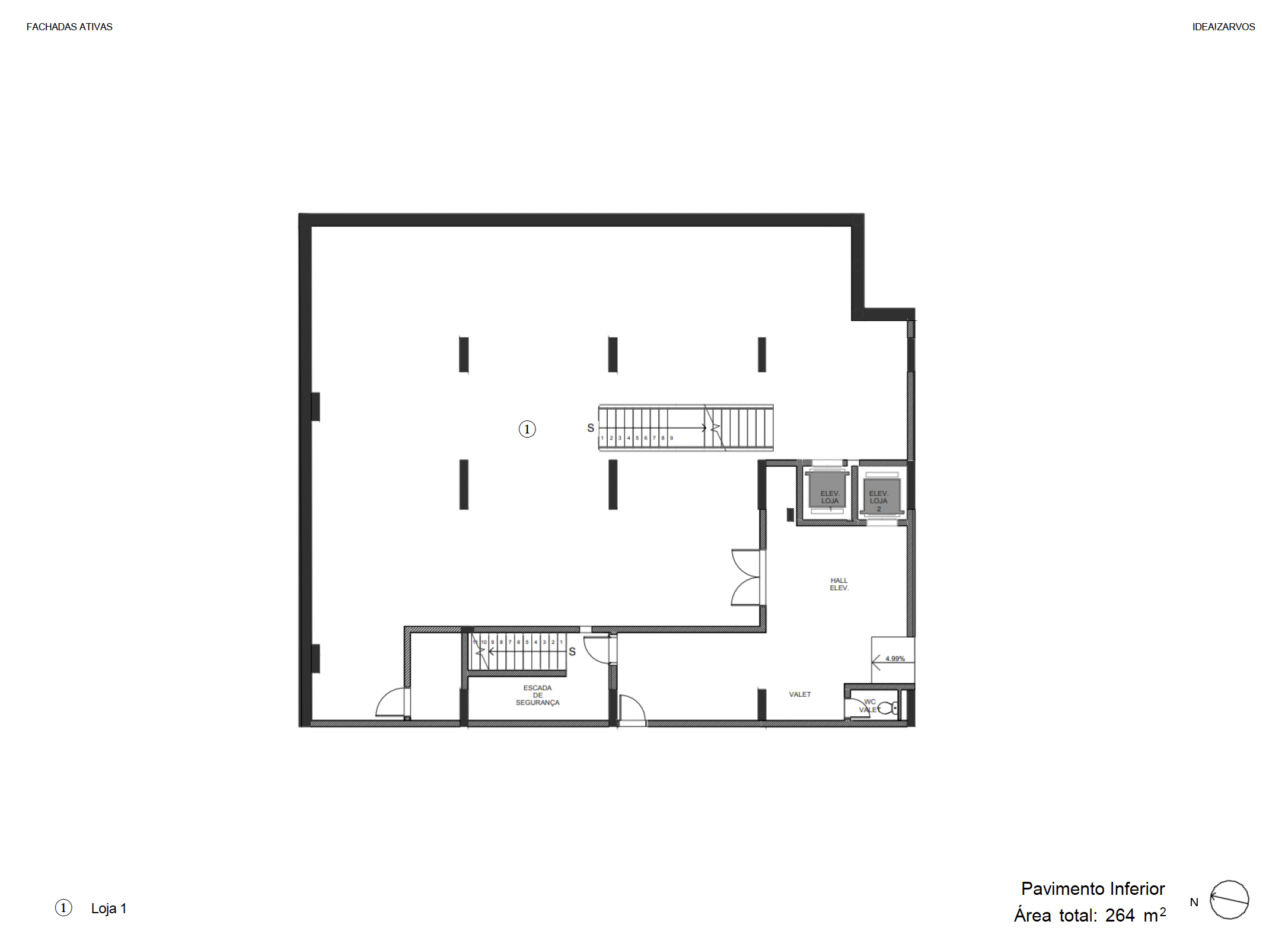 Pavimento inferior, área de 264 m²